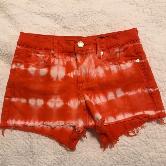[BlankNYC] 5 pocket button-fly tie-dye orange & white denim shorts (25) - Picture 1 of 11